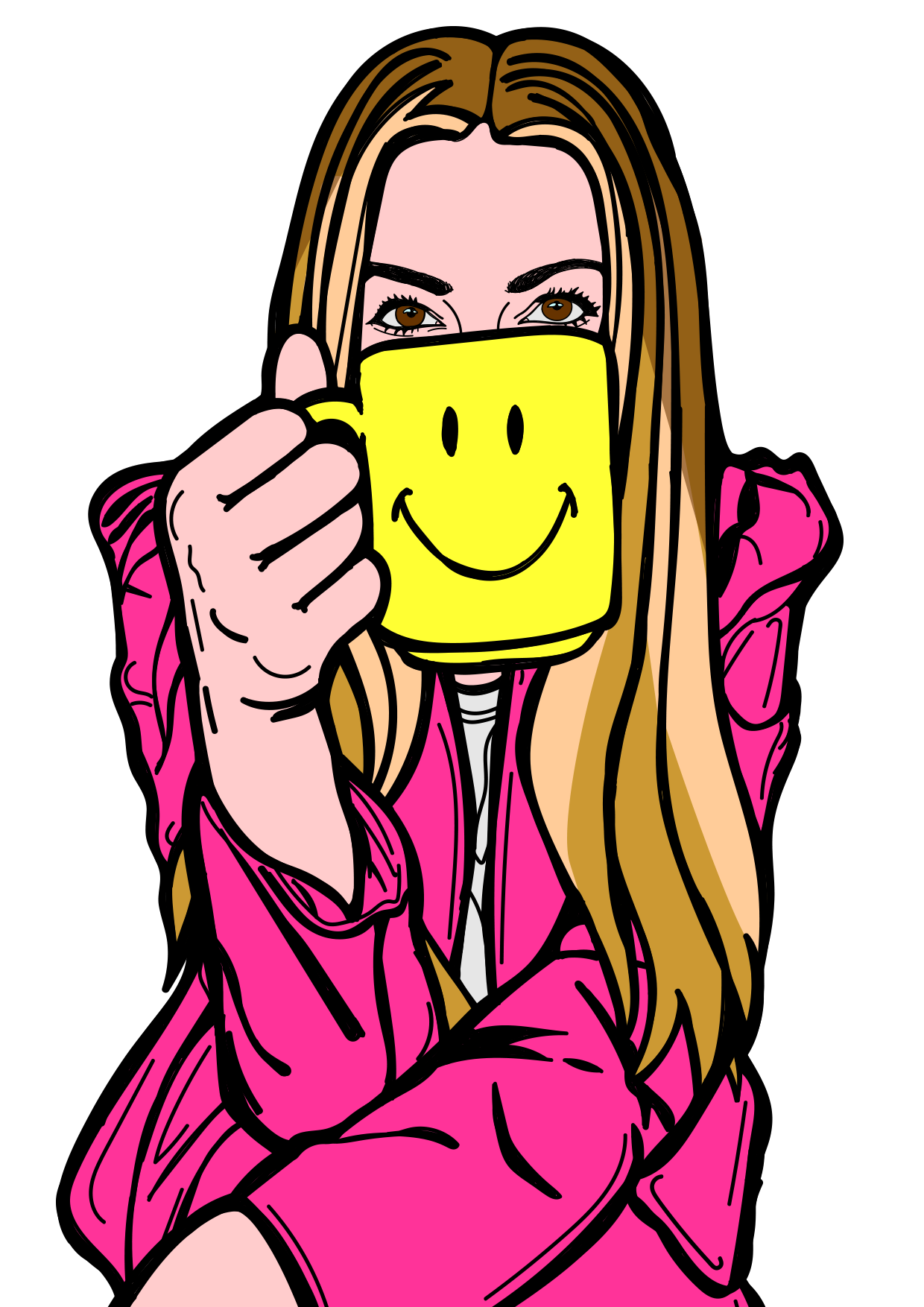 Illustration of Jess Zevaka holding a yellow smiley face mug